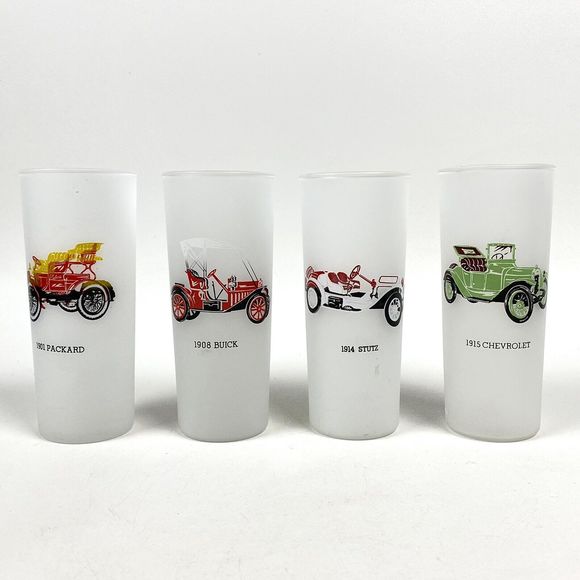 Frosted High Ball Glasses Vintage Barware Hazel Atlas Antique Autos Set of 4 - Picture 2 of 8